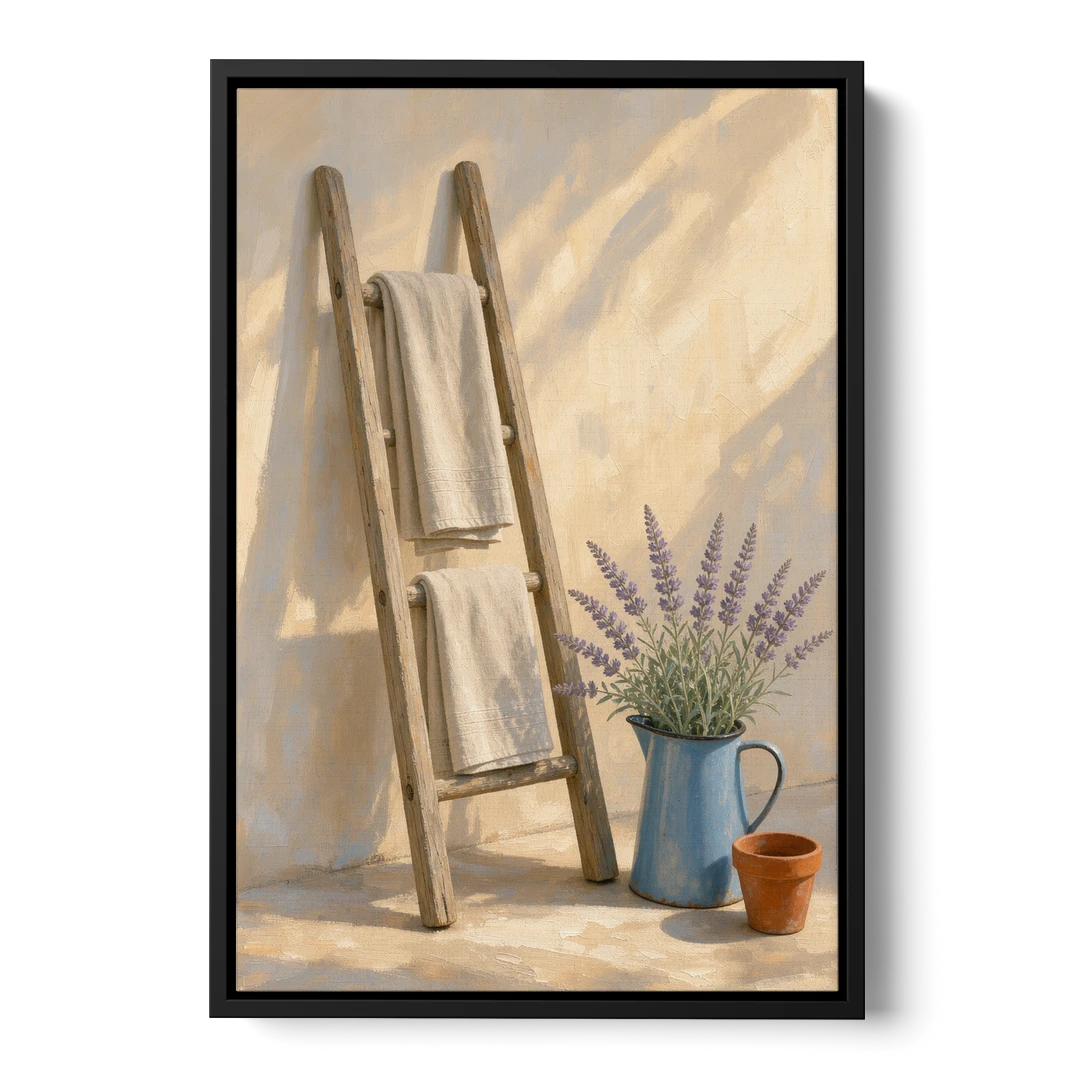 Towel Ladder with Lavender Pitcher - Black Framed Canvas Wall Art - Front