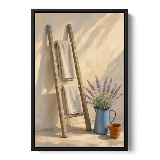Towel Ladder with Lavender Pitcher - Black Framed Canvas Wall Art - Front