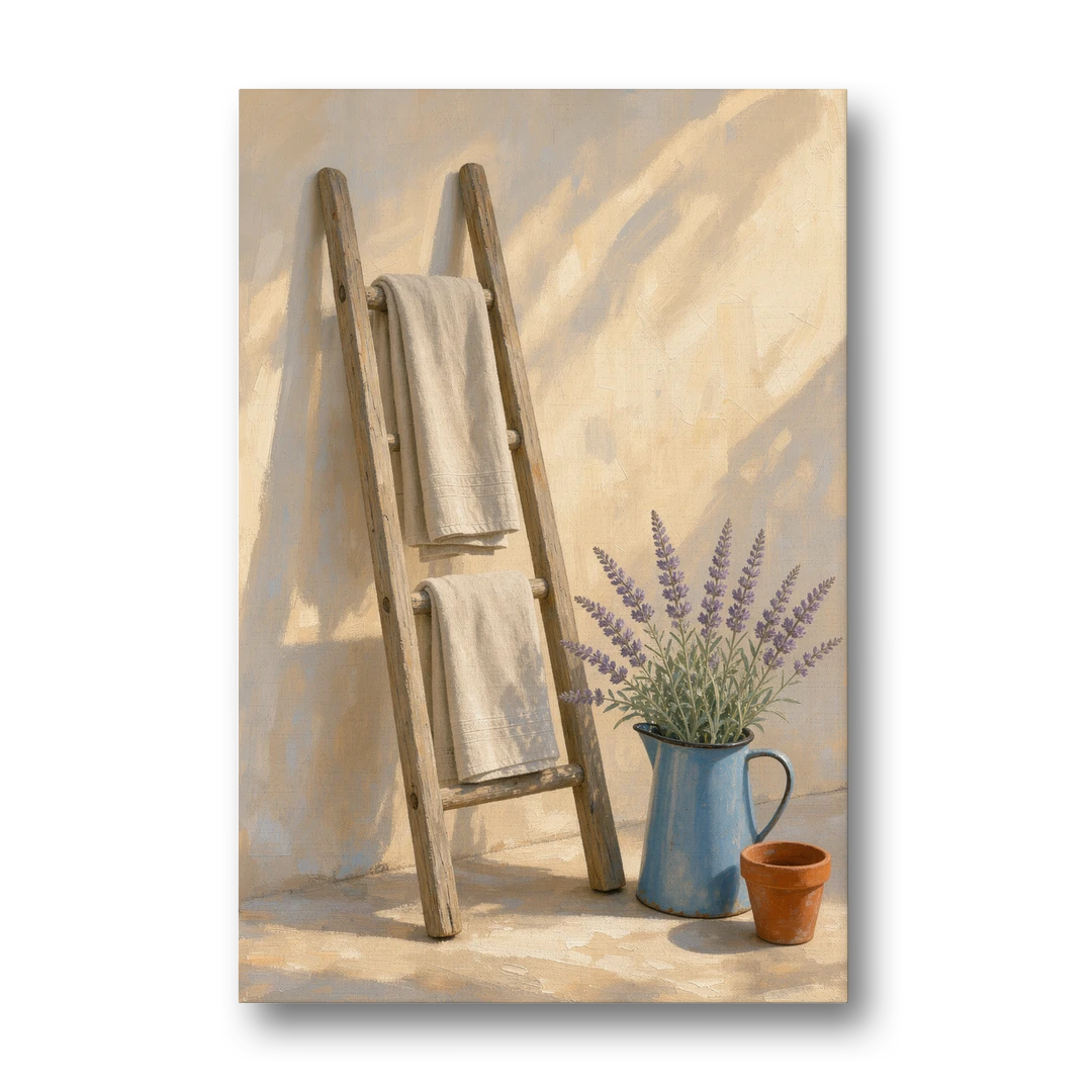 Towel Ladder with Lavender Pitcher - Canvas Wall Art - Front