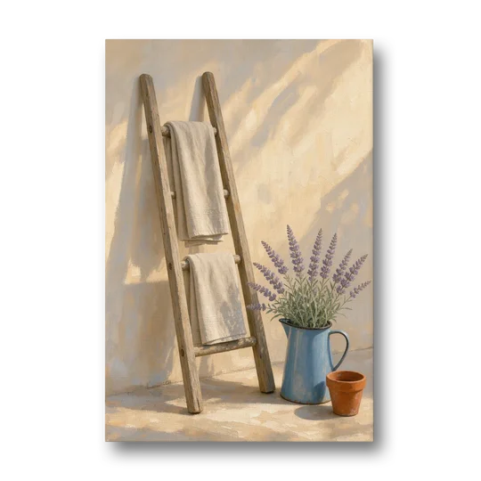 Towel Ladder with Lavender Pitcher - Canvas Wall Art - Front