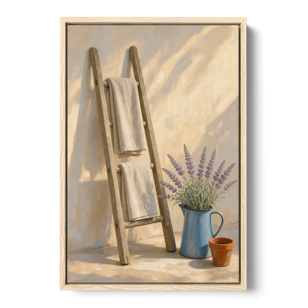 Towel Ladder with Lavender Pitcher - Oak Framed Canvas Wall Art - Front