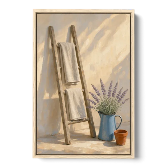 Towel Ladder with Lavender Pitcher - Oak Framed Canvas Wall Art - Front