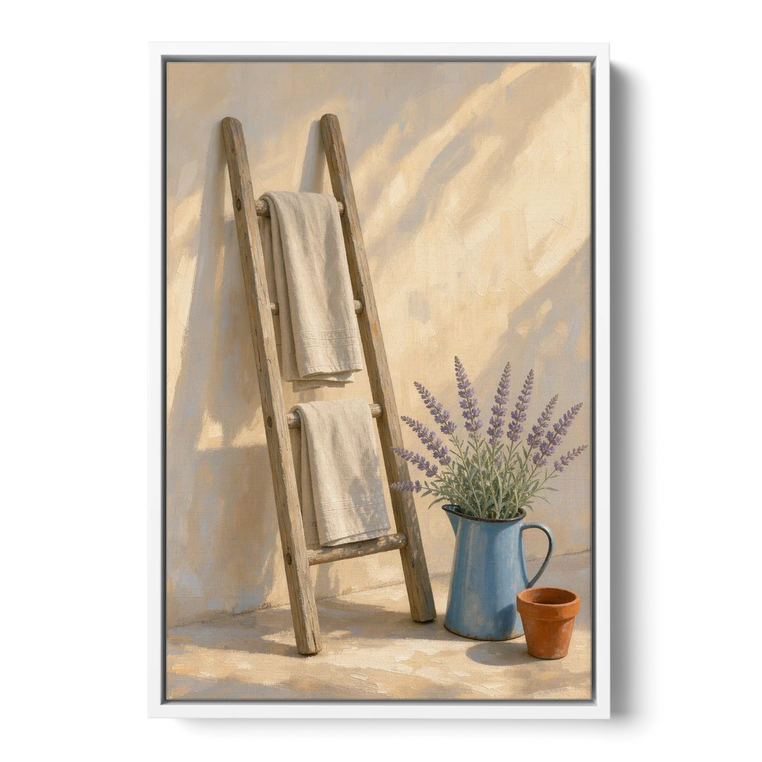 Towel Ladder with Lavender Pitcher - White Framed Canvas Wall Art - Front