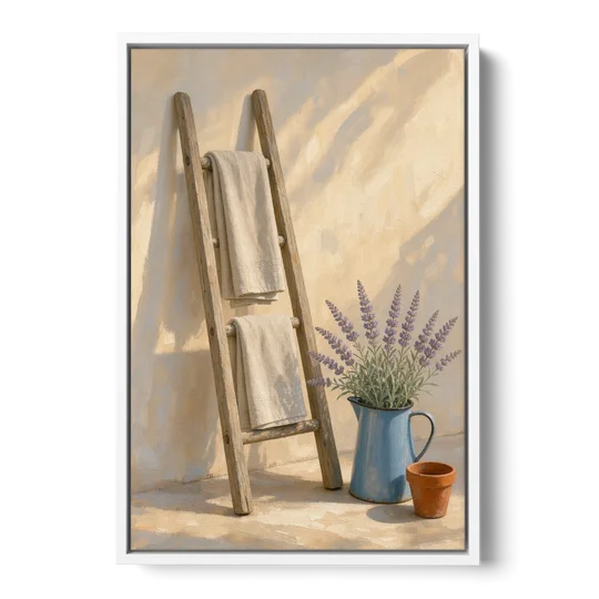 Towel Ladder with Lavender Pitcher - White Framed Canvas Wall Art - Front