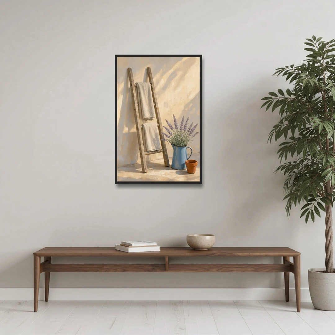 Towel Ladder with Lavender Pitcher - Black Framed Canvas Wall Art - Coffee Table - 24x36