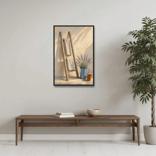 Towel Ladder with Lavender Pitcher - Black Framed Canvas Wall Art - Coffee Table - 24x36