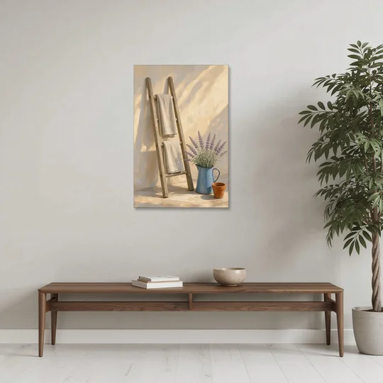 Towel Ladder with Lavender Pitcher - Canvas Wall Art - Coffee Table - 24x36