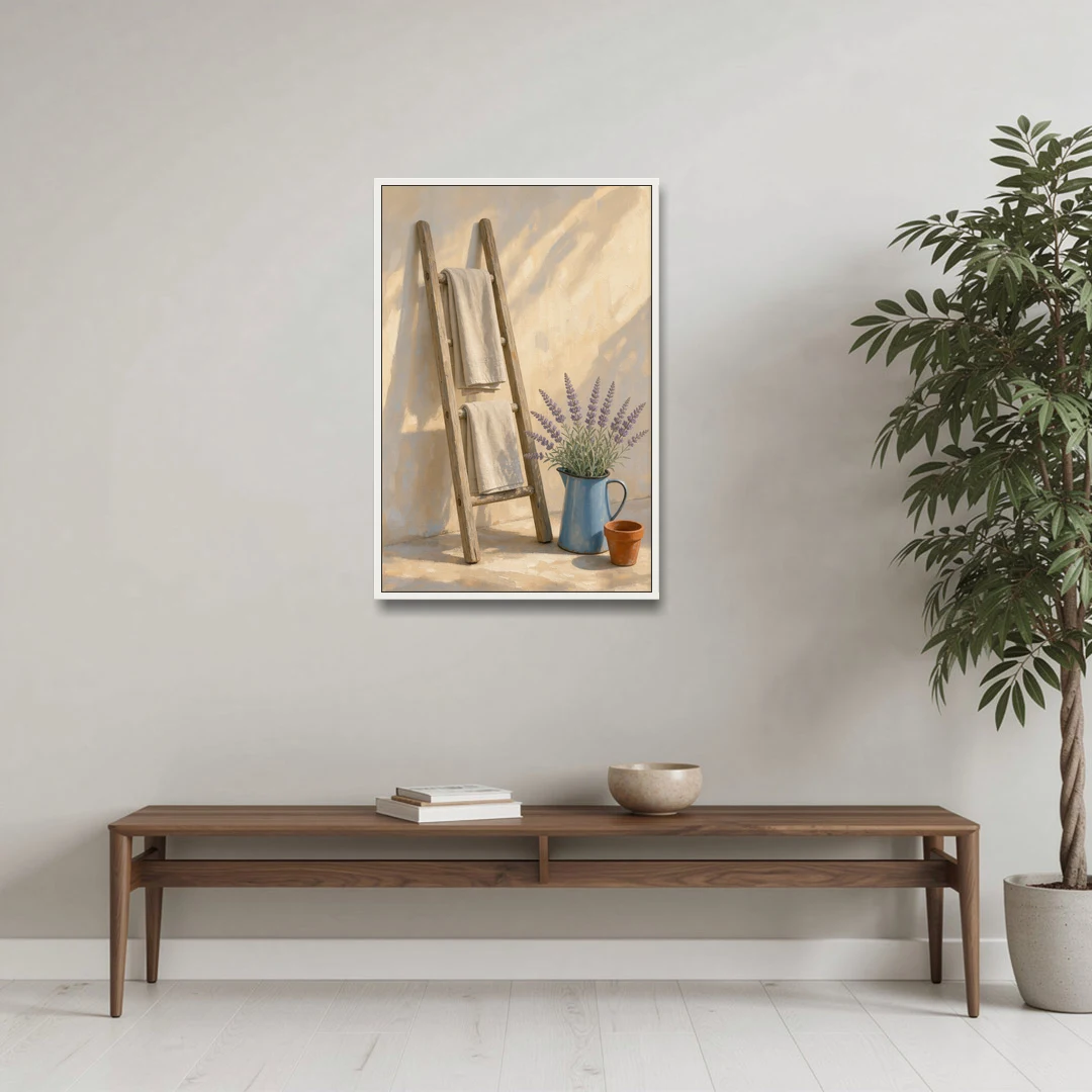 Towel Ladder with Lavender Pitcher - White Framed Canvas Wall Art - Coffee Table - 24x36