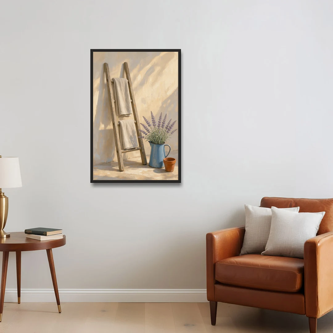 Towel Ladder with Lavender Pitcher - Black Framed Canvas Wall Art - Sofa - 24x36