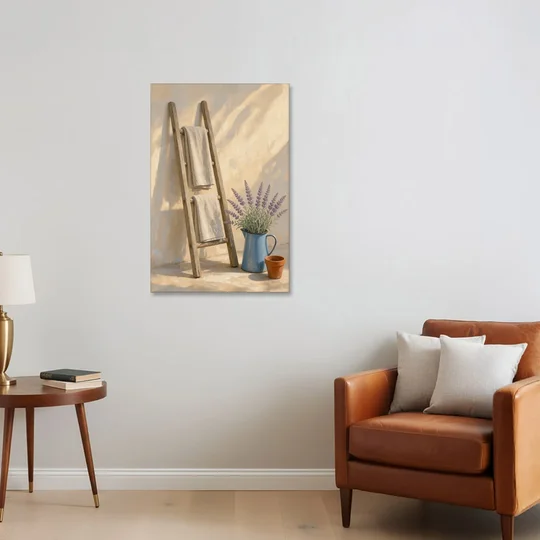 Towel Ladder with Lavender Pitcher - Canvas Wall Art - Sofa - 24x36