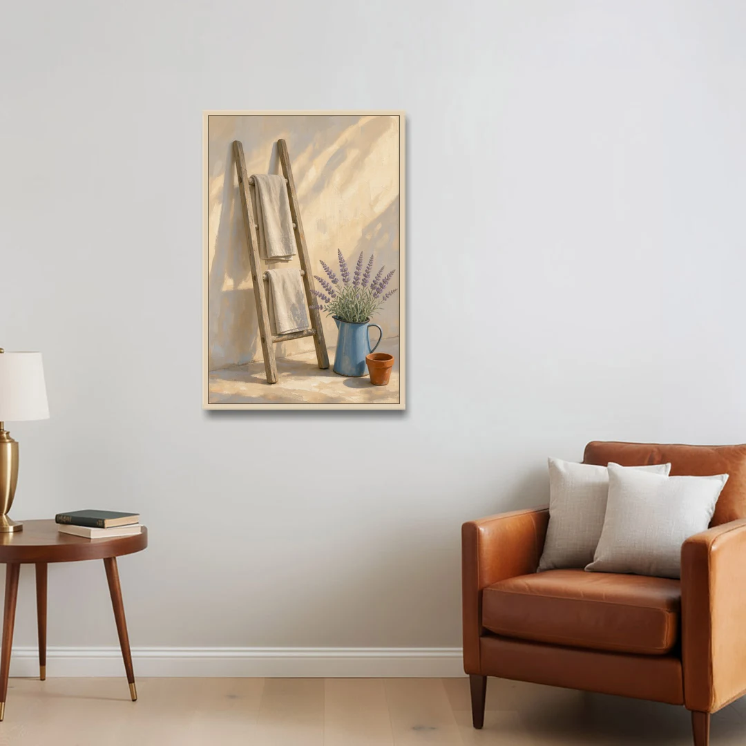 Towel Ladder with Lavender Pitcher - Oak Framed Canvas Wall Art - Sofa - 24x36