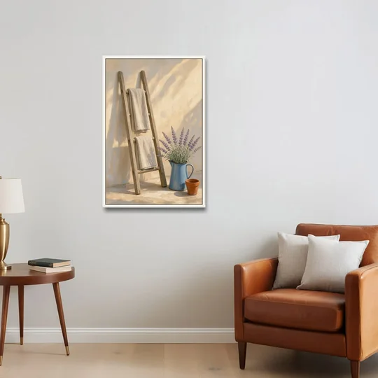 Towel Ladder with Lavender Pitcher - White Framed Canvas Wall Art - Sofa - 24x36