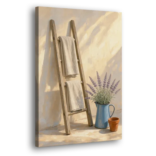 Towel Ladder with Lavender Pitcher - Canvas Wall Art - Side