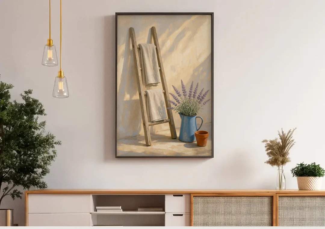 Towel Ladder with Lavender Pitcher canvas wall art above a wooden sideboard under pendant lights