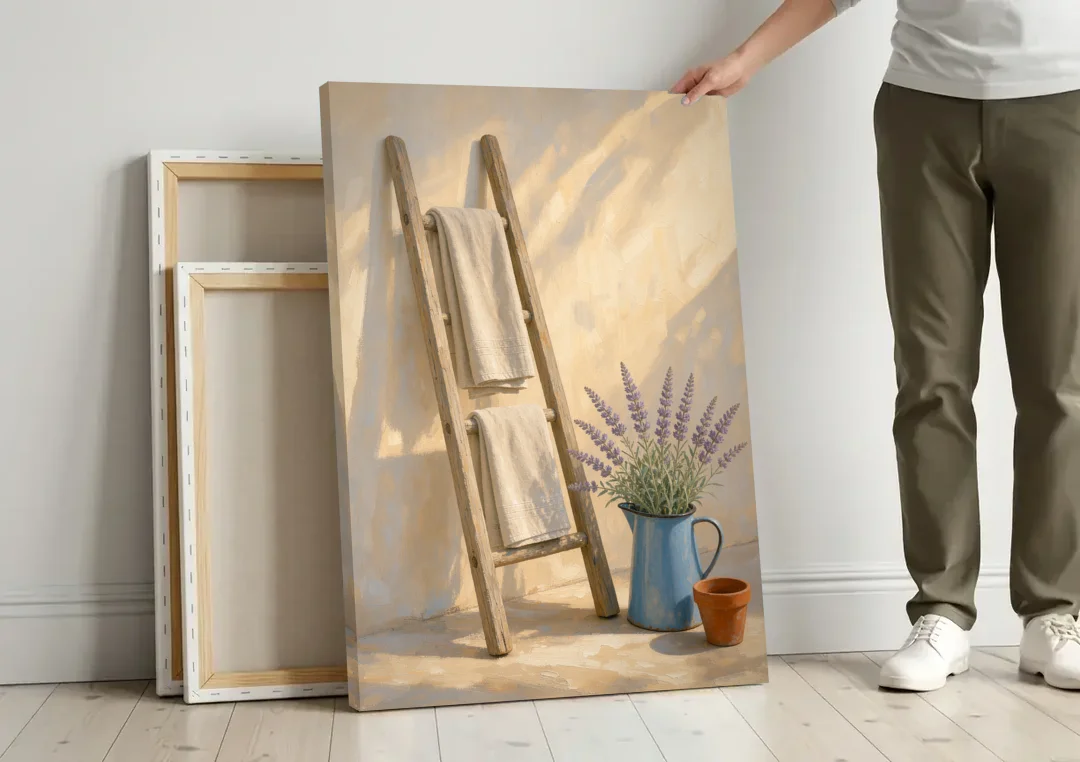 Towel Ladder with Lavender Pitcher canvas wall art leaning against a wall next to blank canvases