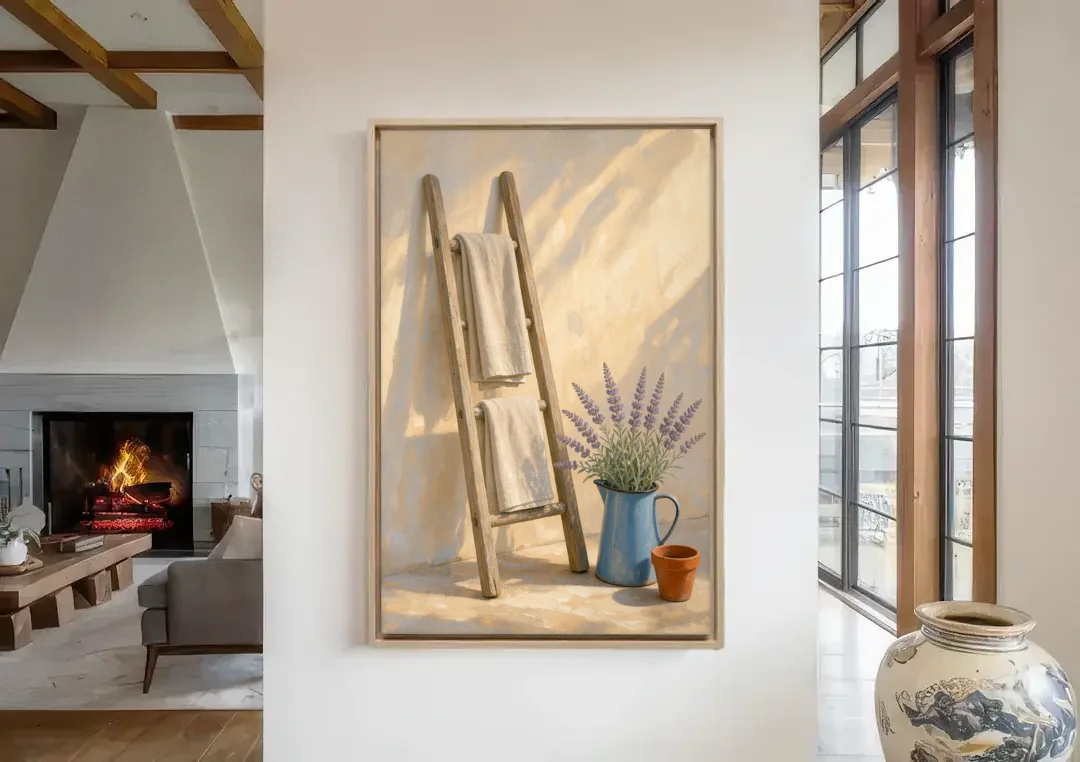 Towel Ladder with Lavender Pitcher canvas wall art in a living room with a fireplace