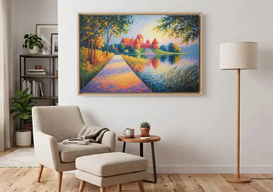 Trakai Castle canvas wall art above an armchair in a bright living room