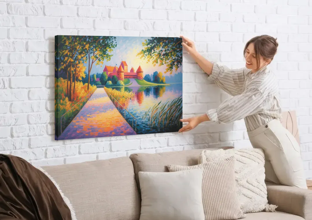 Trakai Castle canvas wall art being hung on a white brick wall above a sofa