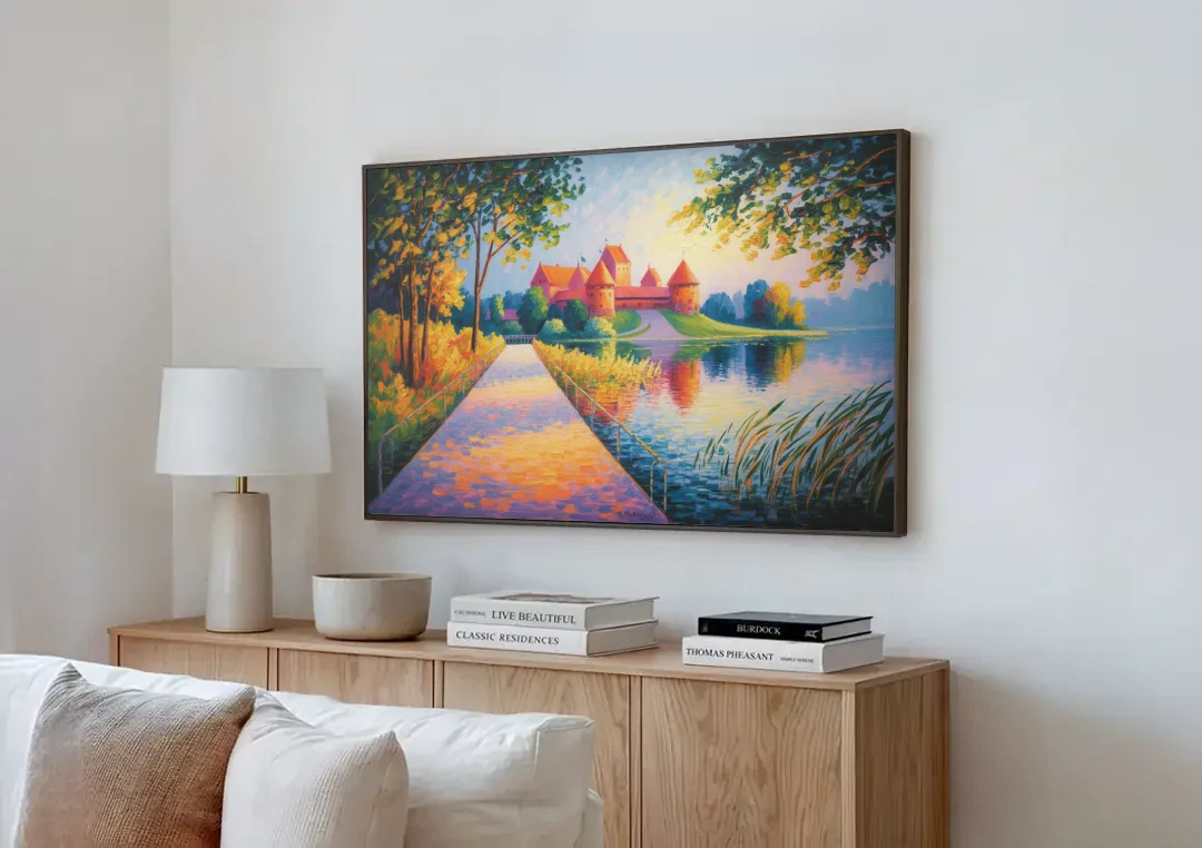 Trakai Castle canvas wall art above a wooden sideboard next to a sofa