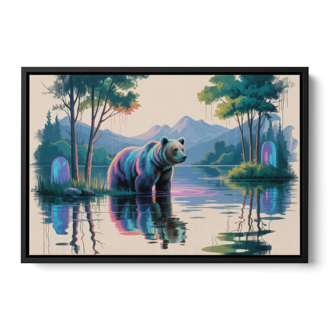Tranquil Bear by the Lake - Black Framed Canvas Wall Art - Front
