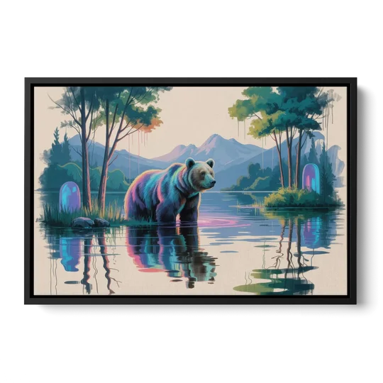 Tranquil Bear by the Lake - Black Framed Canvas Wall Art - Front