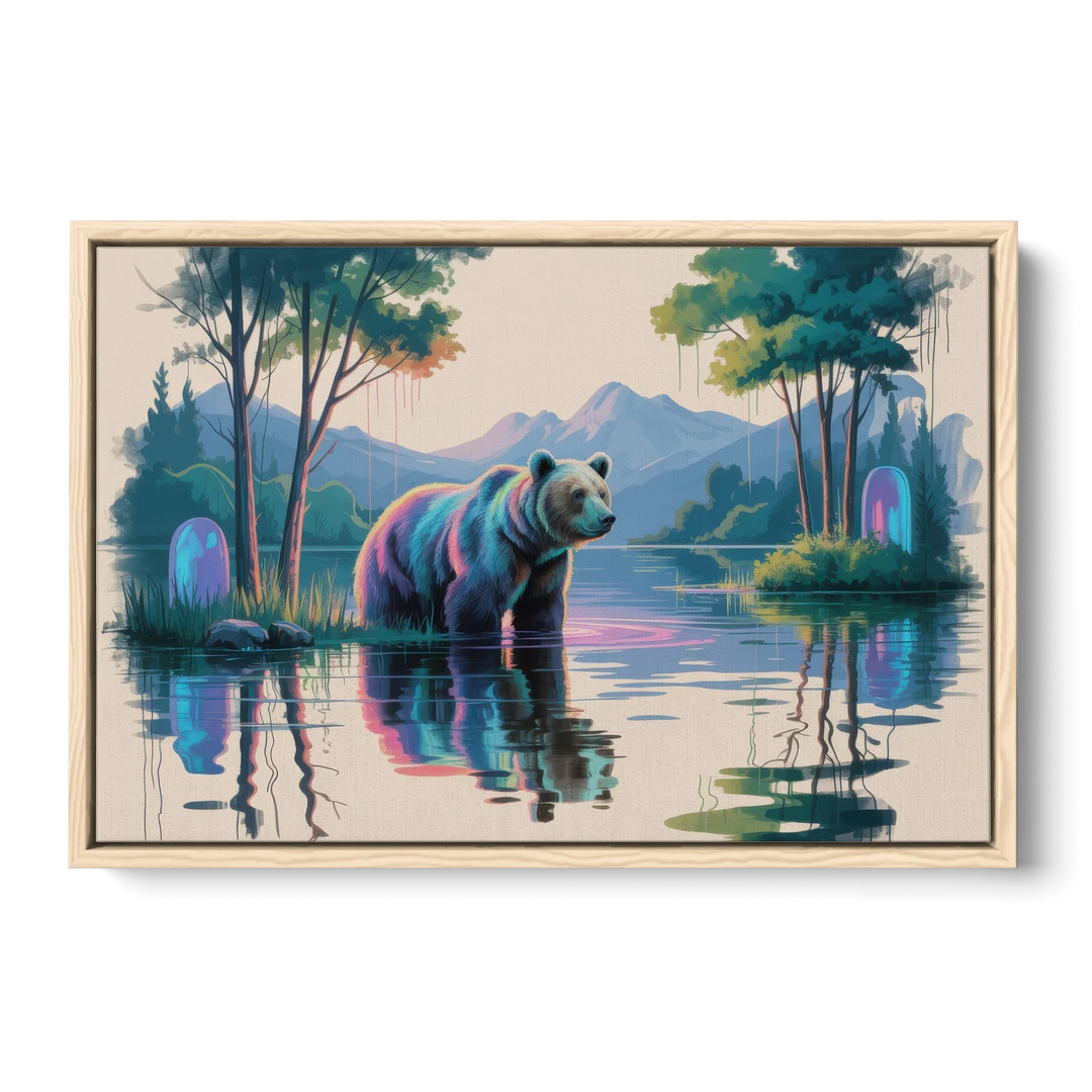 Tranquil Bear by the Lake - Oak Framed Canvas Wall Art - Front
