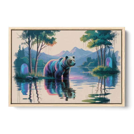 Tranquil Bear by the Lake - Oak Framed Canvas Wall Art - Front