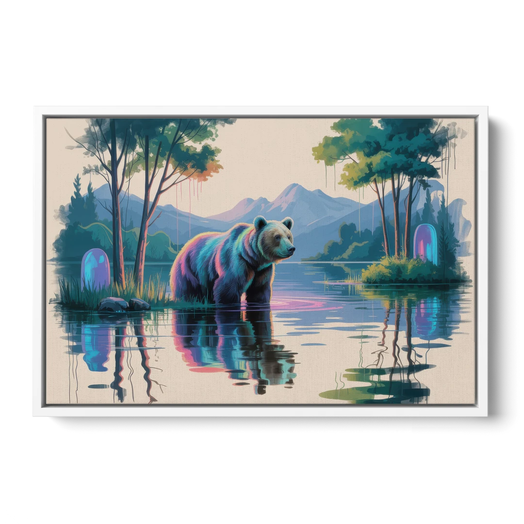 Tranquil Bear by the Lake - White Framed Canvas Wall Art - Front