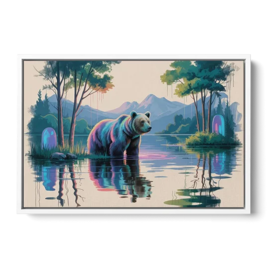 Tranquil Bear by the Lake - White Framed Canvas Wall Art - Front
