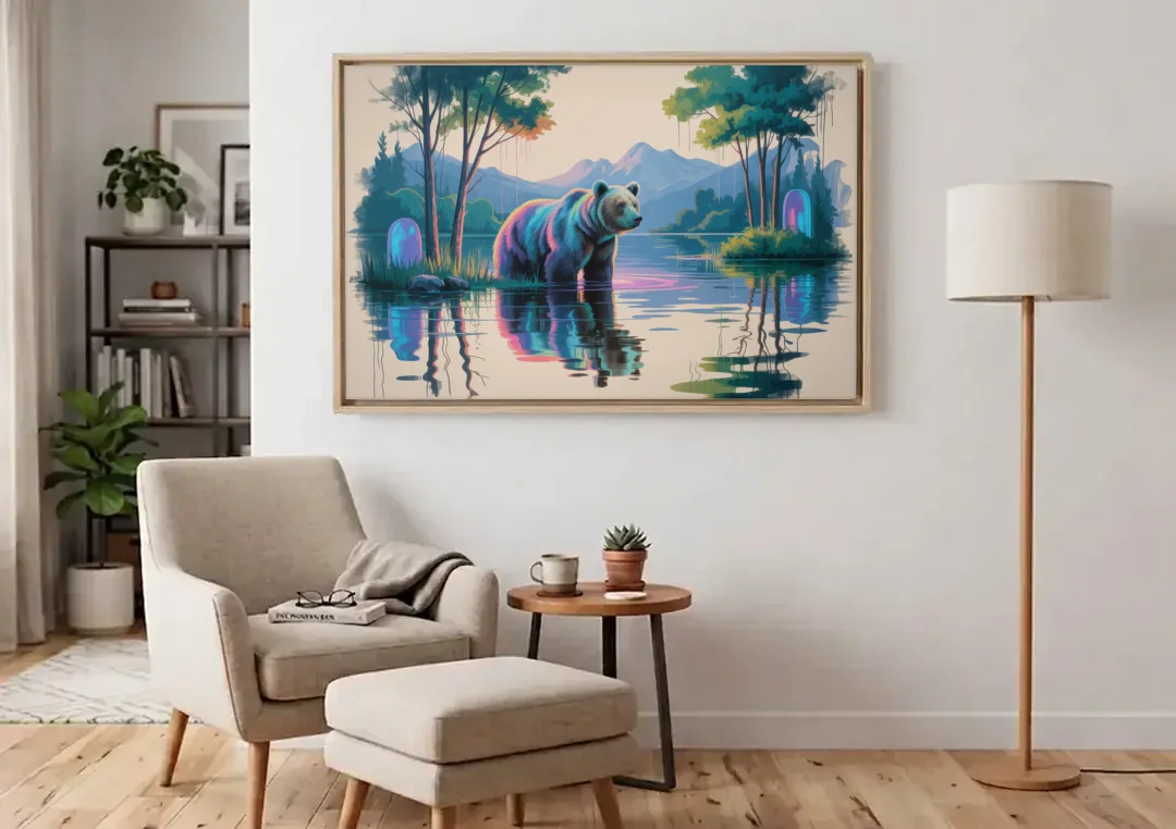 Tranquil Bear by the Lake canvas wall art above an armchair in a bright living room