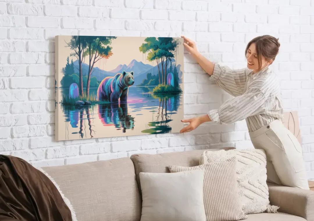 Tranquil Bear by the Lake canvas wall art being hung on a white brick wall above a sofa