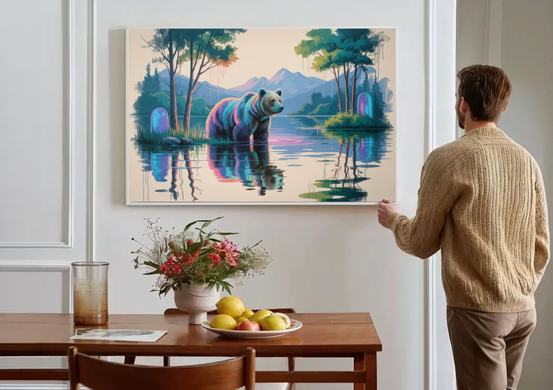 Tranquil Bear by the Lake canvas wall art above a dining table