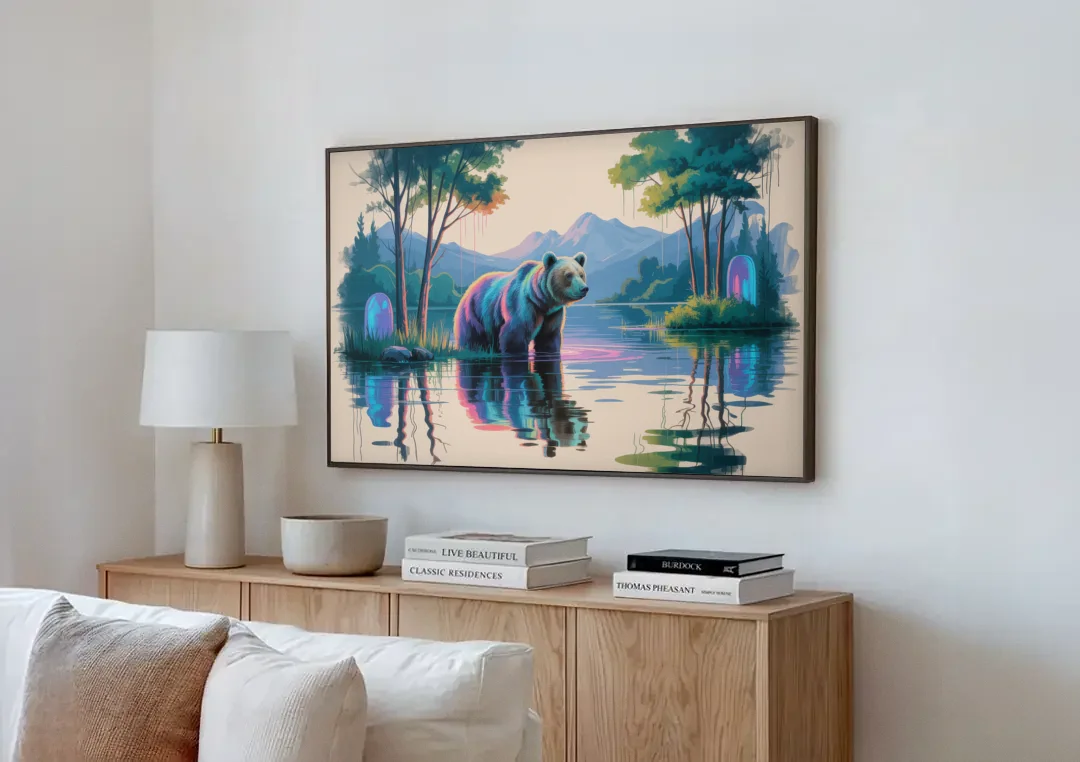 Tranquil Bear by the Lake canvas wall art above a wooden sideboard next to a sofa