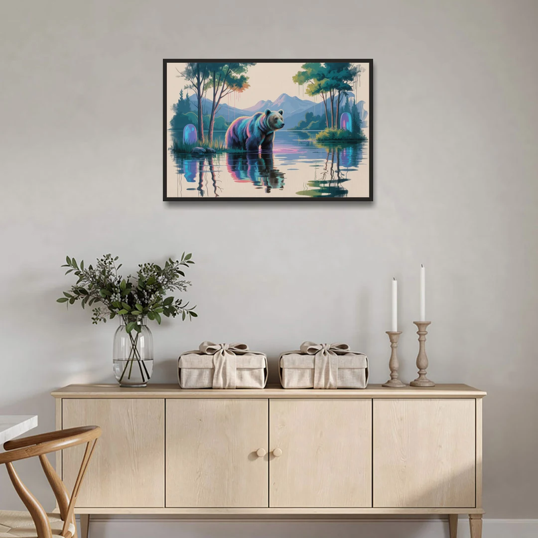 Tranquil Bear by the Lake - Black Framed Canvas Wall Art - Coffee Table - 36x24