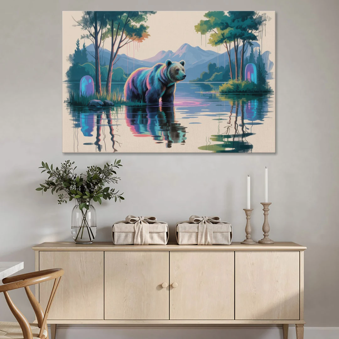 Tranquil Bear by the Lake - Canvas Wall Art - Coffee Table - 60x40