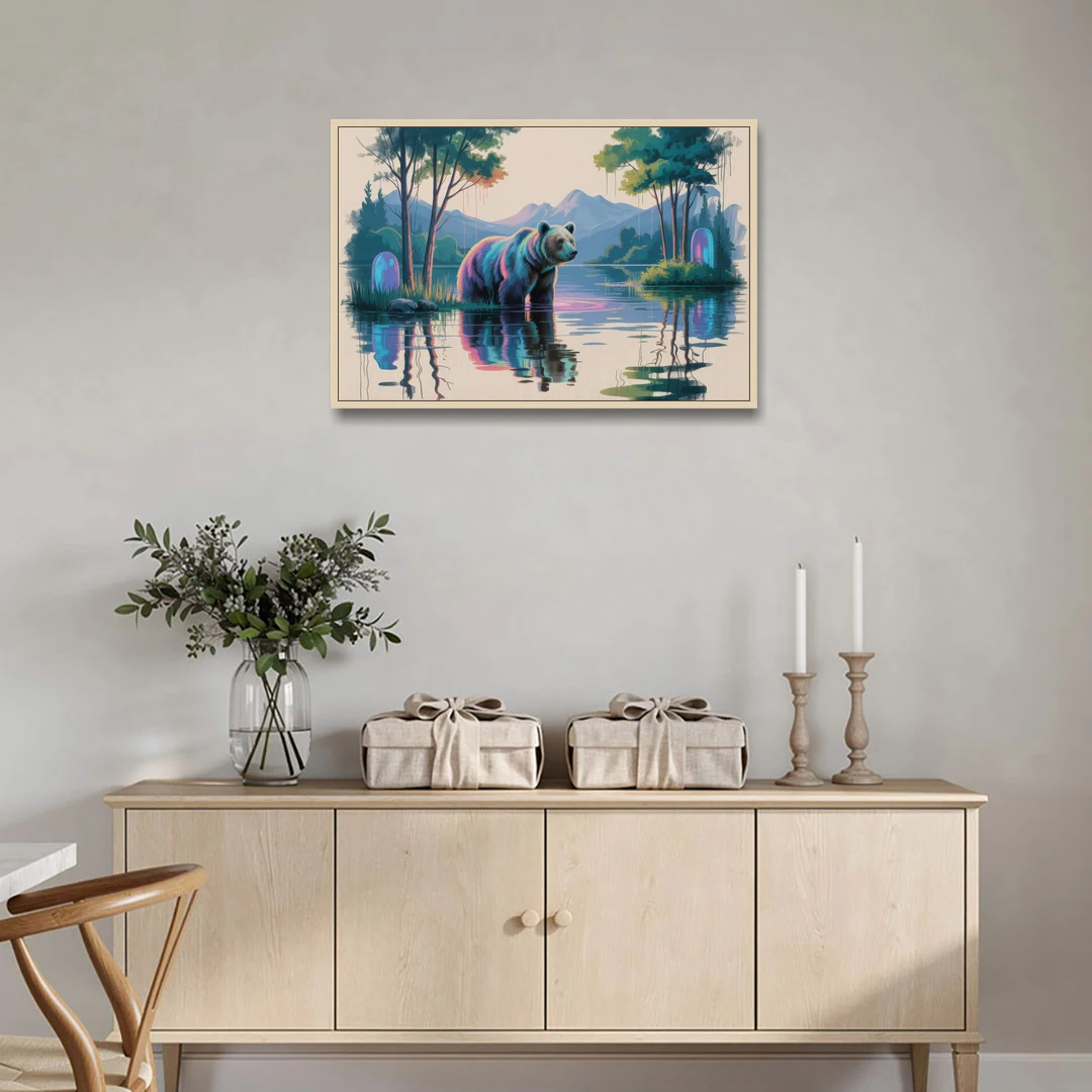 Tranquil Bear by the Lake - Oak Framed Canvas Wall Art - Coffee Table - 36x24