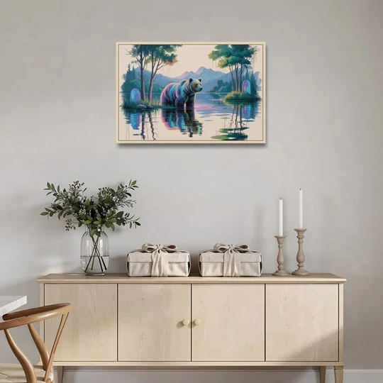 Tranquil Bear by the Lake - Oak Framed Canvas Wall Art - Coffee Table - 36x24