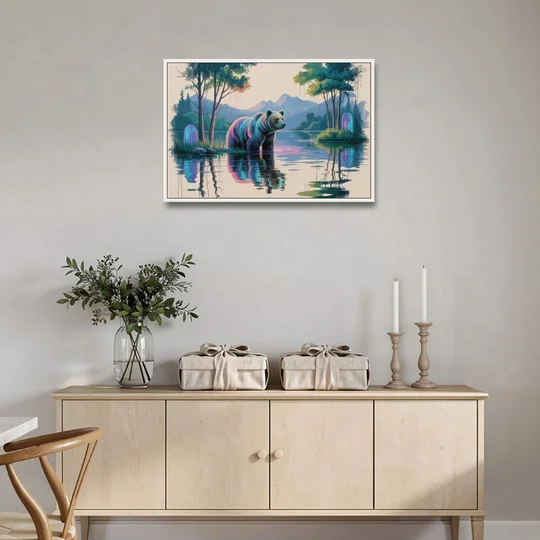 Tranquil Bear by the Lake - White Framed Canvas Wall Art - Coffee Table - 36x24