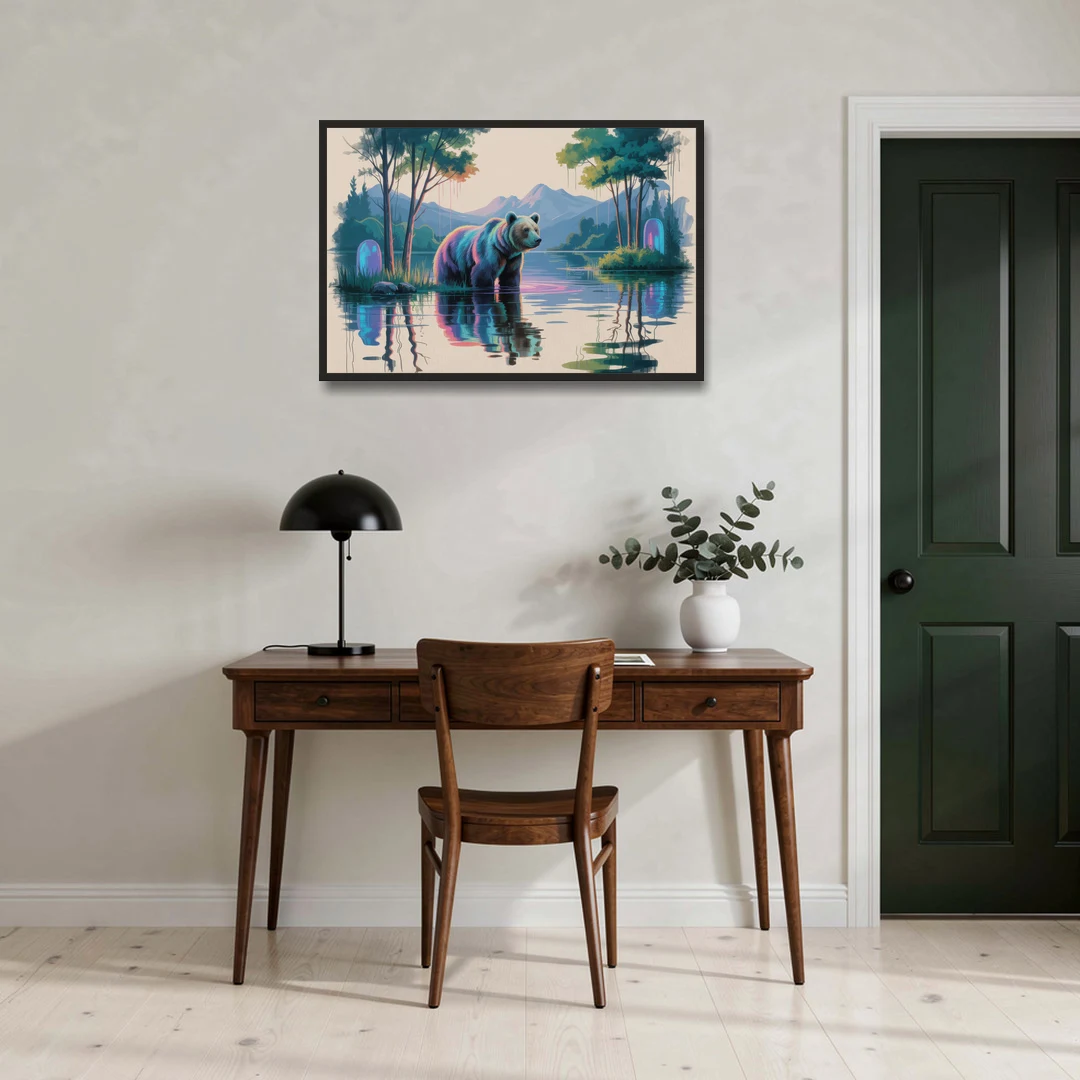 Tranquil Bear by the Lake - Black Framed Canvas Wall Art - Office - 36x24