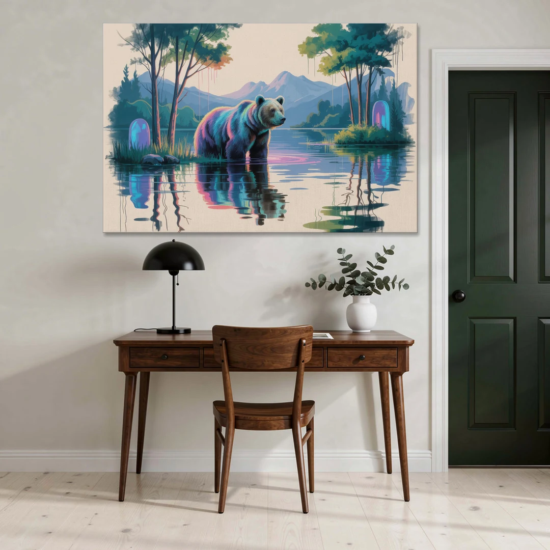 Tranquil Bear by the Lake - Canvas Wall Art - Office - 60x40