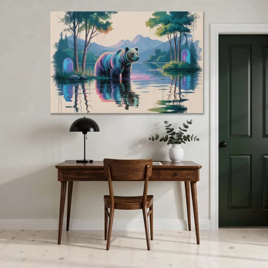 Tranquil Bear by the Lake - Canvas Wall Art - Office - 60x40