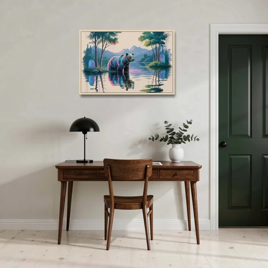 Tranquil Bear by the Lake - Oak Framed Canvas Wall Art - Office - 36x24