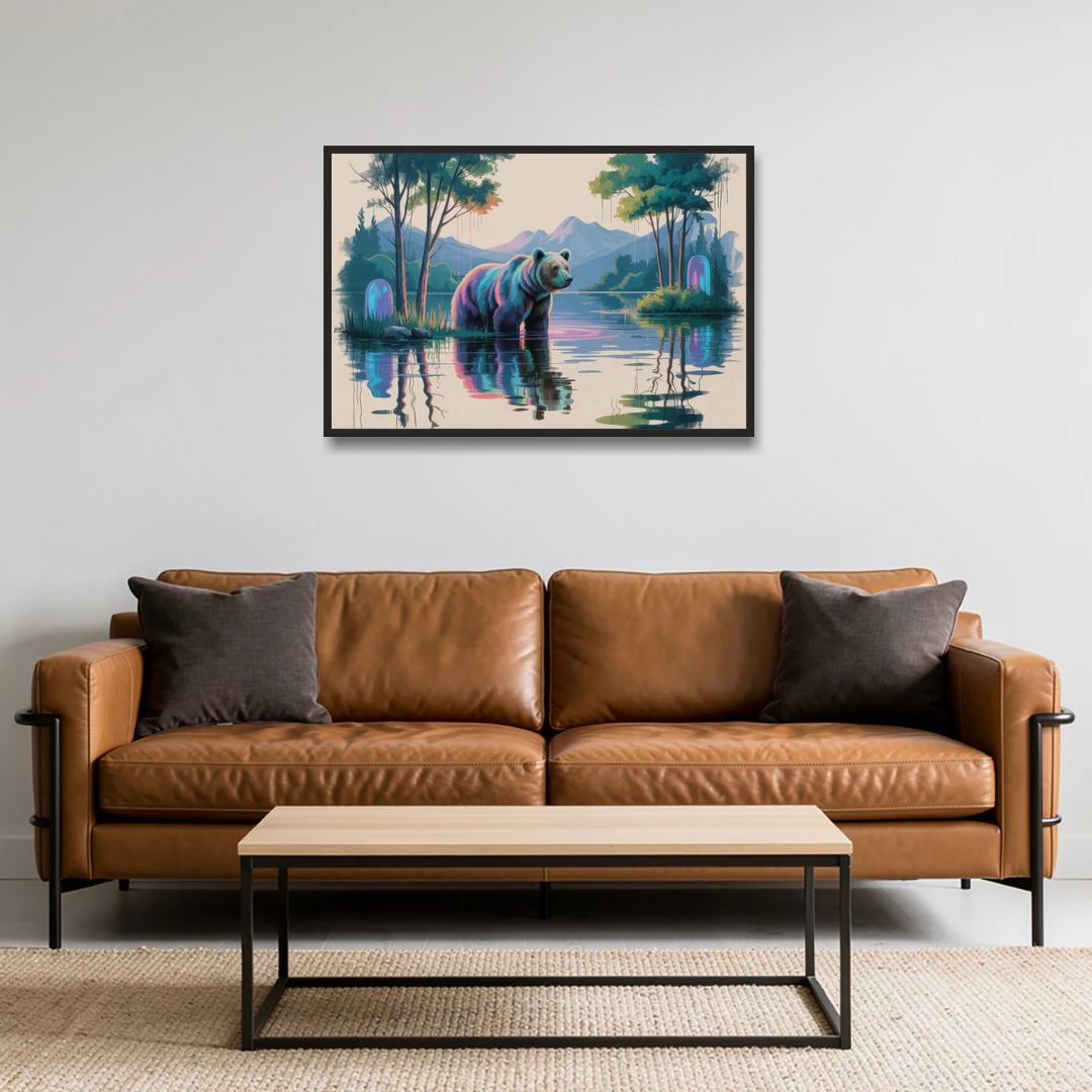 Tranquil Bear by the Lake - Black Framed Canvas Wall Art - Sofa - 36x24