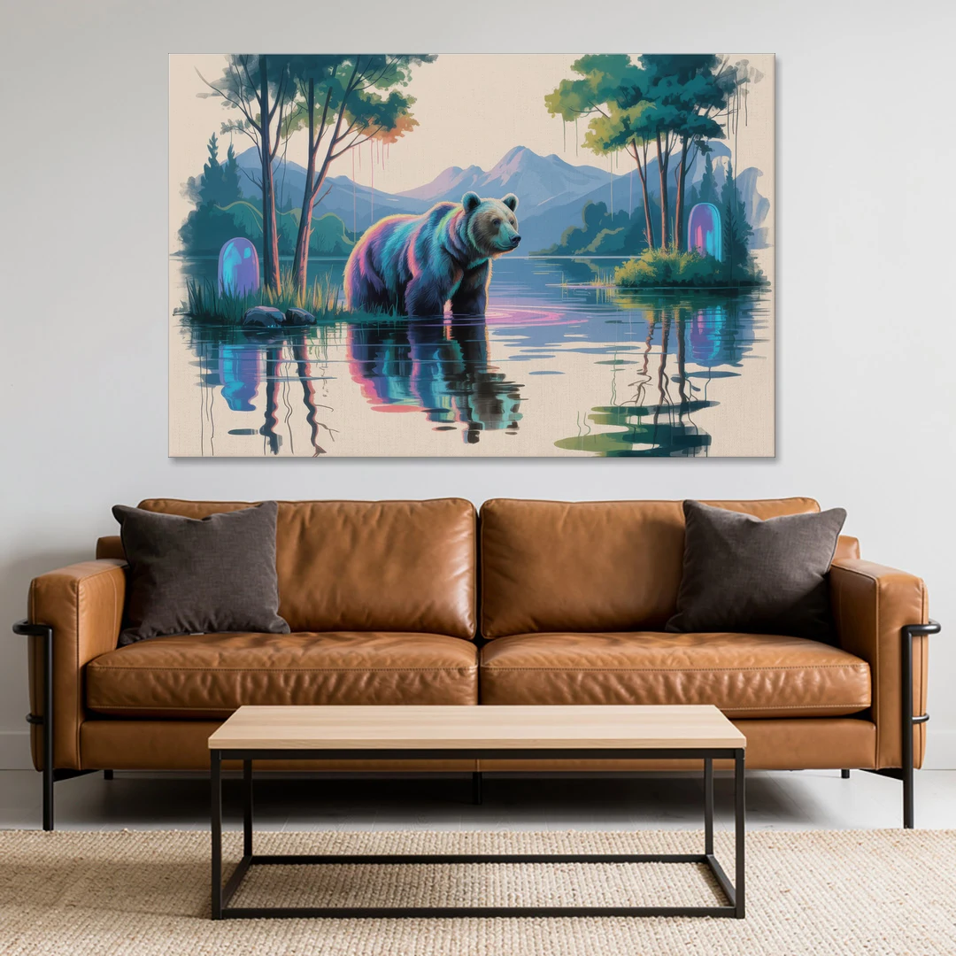 Tranquil Bear by the Lake - Canvas Wall Art - Sofa - 60x40