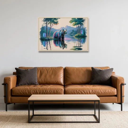 Tranquil Bear by the Lake - Oak Framed Canvas Wall Art - Sofa - 36x24