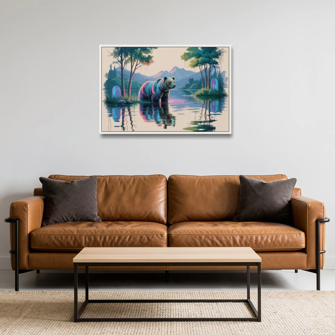 Tranquil Bear by the Lake - White Framed Canvas Wall Art - Sofa - 36x24