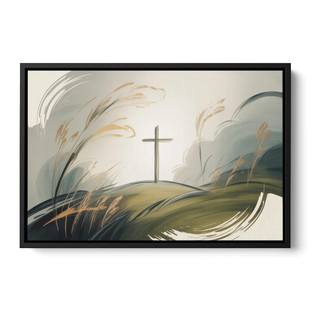 Tranquil Cross Minimalist Christian - Black Framed Canvas Wall Art - Front