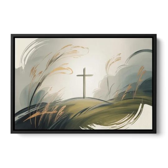 Tranquil Cross Minimalist Christian - Black Framed Canvas Wall Art - Front
