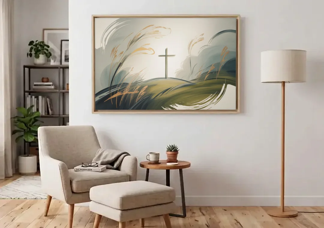 Tranquil Cross Minimalist Christian canvas wall art above an armchair in a bright living room