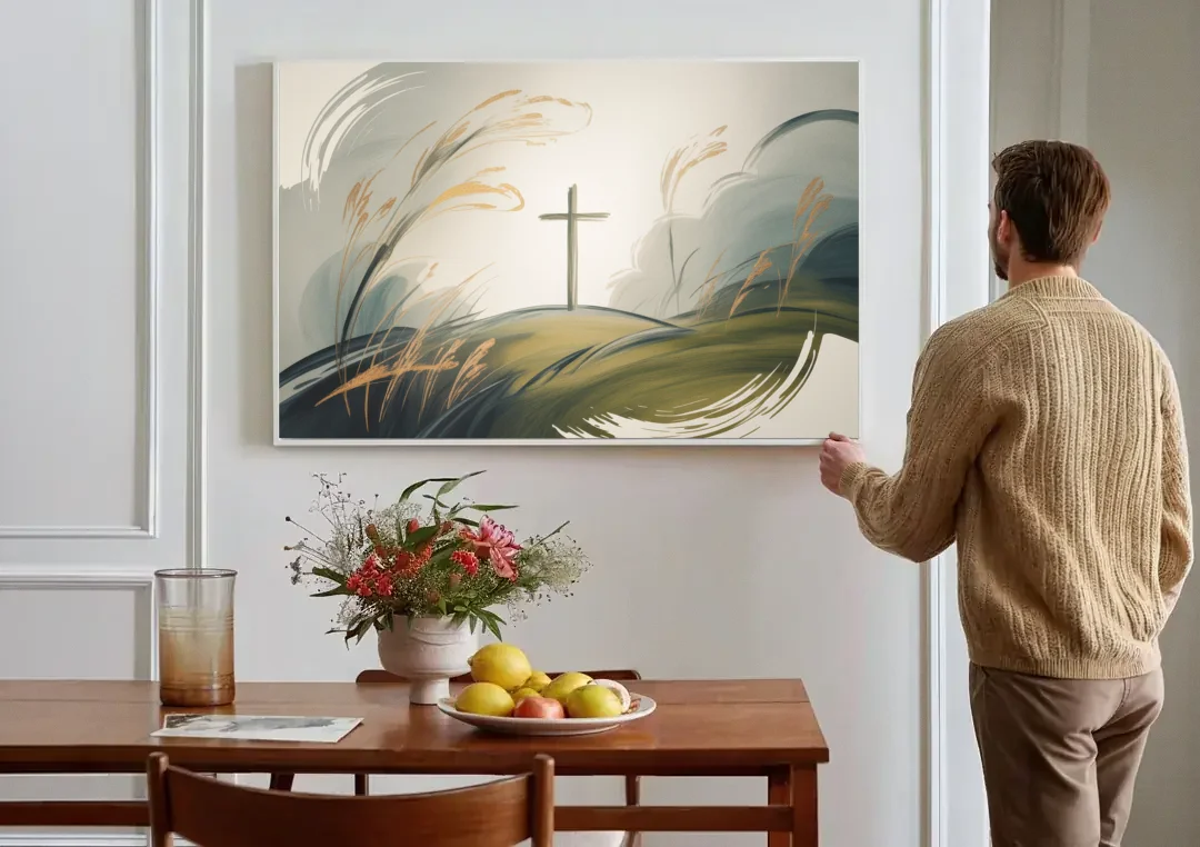 Tranquil Cross Minimalist Christian canvas wall art above a dining table